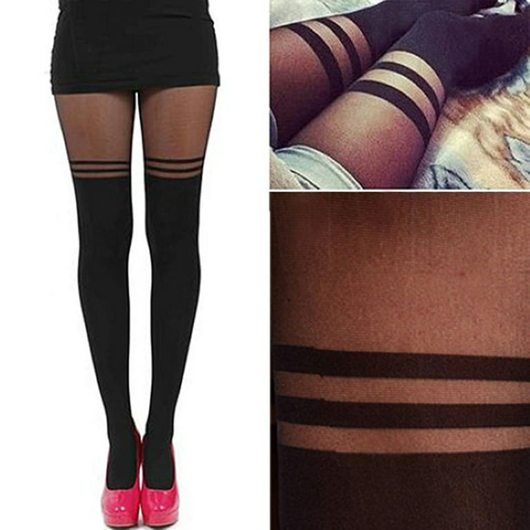 Womens Over The Knee Tights Black Sheer Pantyhose Striped Double Bars Stockings 